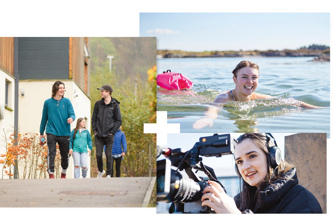 Collage of 3 | Students walking outside student accommodation | Student wild swimming | Student looking through a camera